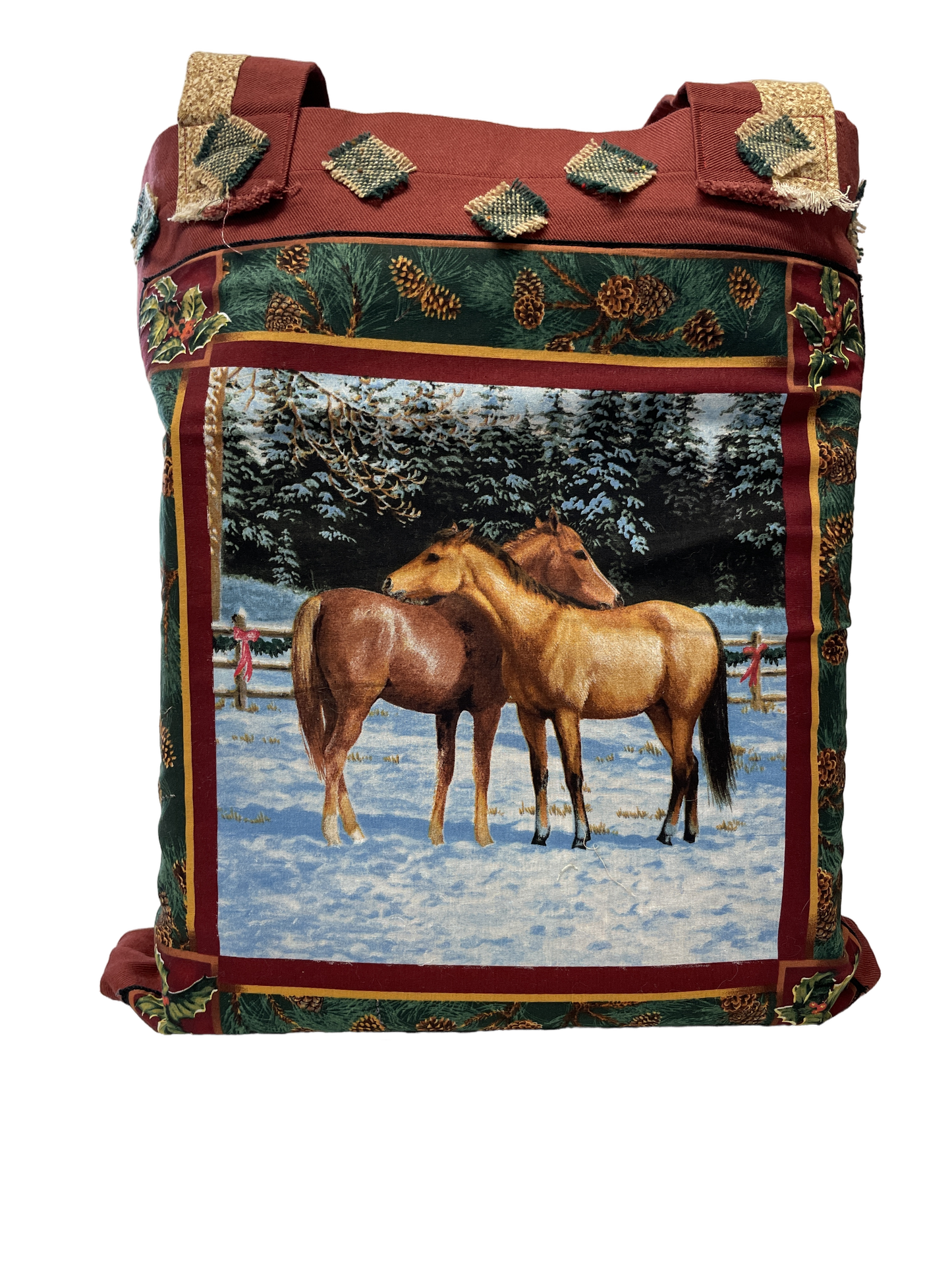 Sac fourre-tout avec motifs équestres sur fond hivernal bourgone