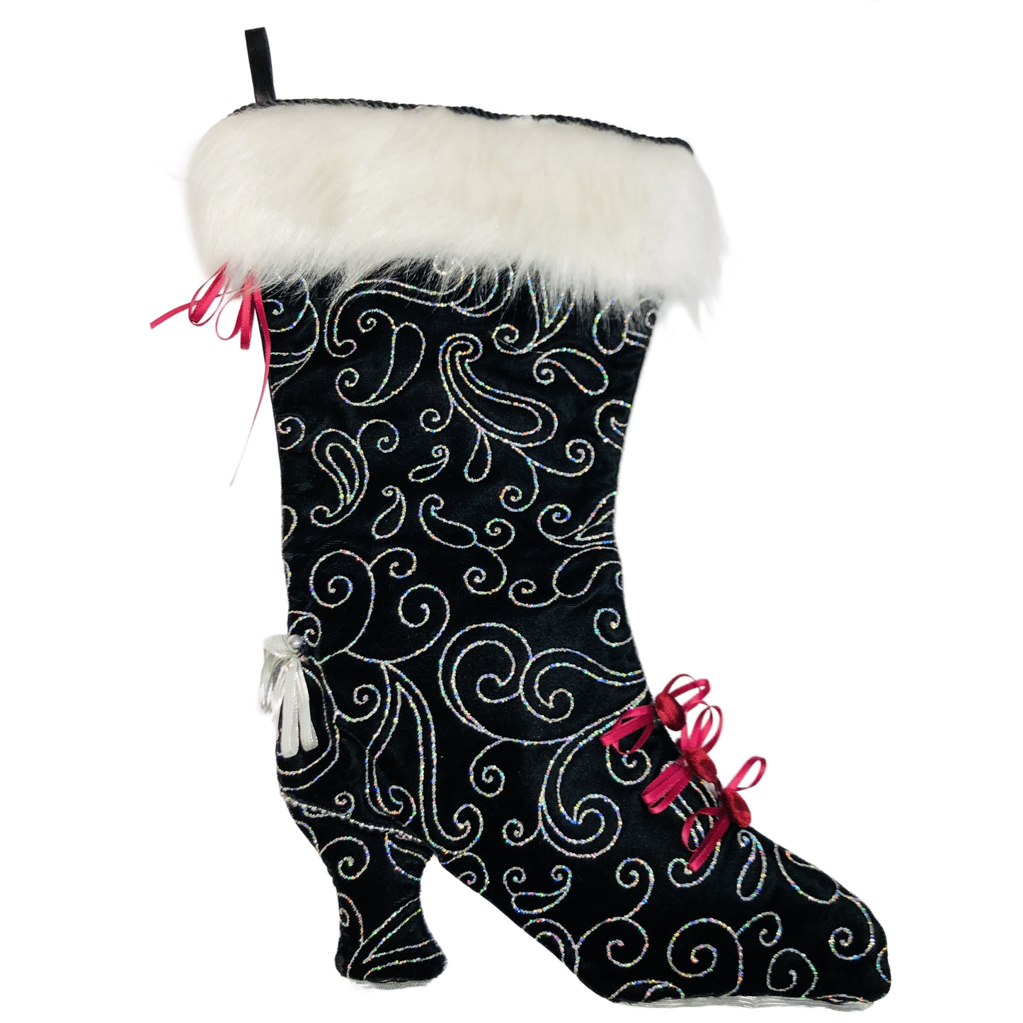 Bas de noël - Style Victorien - Velours noir - Paisley argenté