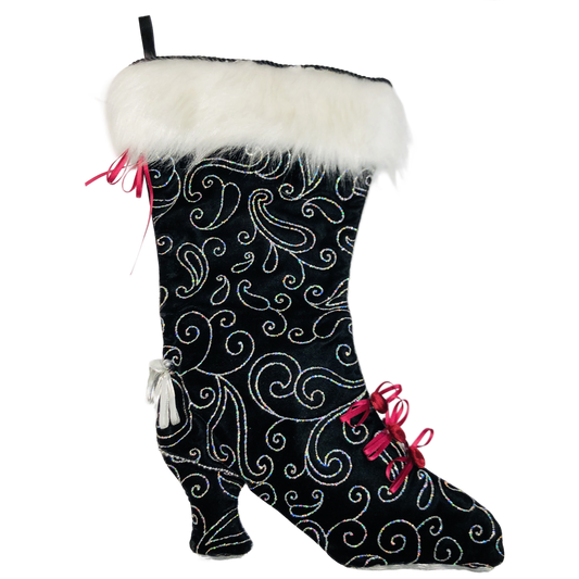 Bas de noël - Style Victorien - Velours noir - Paisley argenté