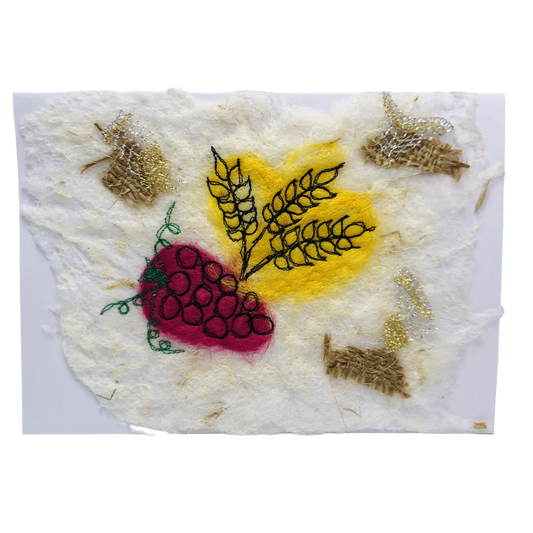 Carte de vœux - Grappe de raisin et gerbes de blé brodée sur la laine