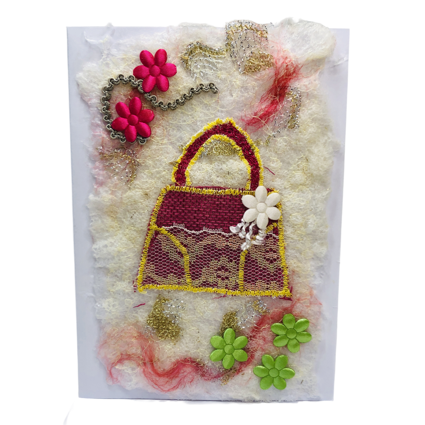 Carte de vœux avec un joli sac à main en jute rose brodée sur la laine