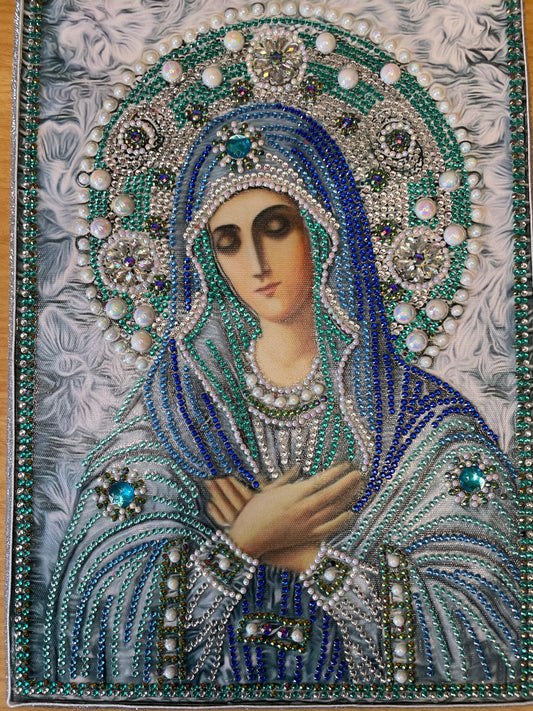 Cadre de la Vierge perlée bleu, vert, argent