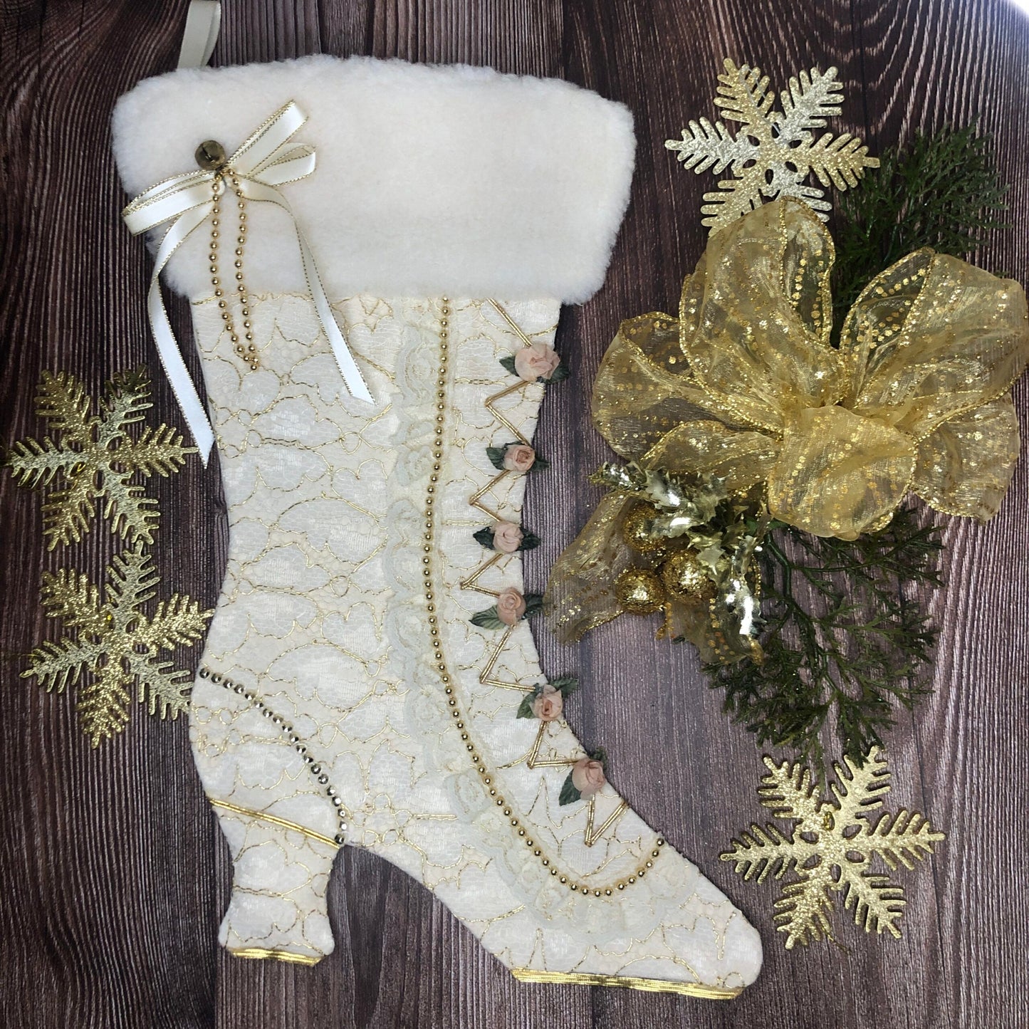 Bas de noël - Style Victorien - Dentelle et petites roses