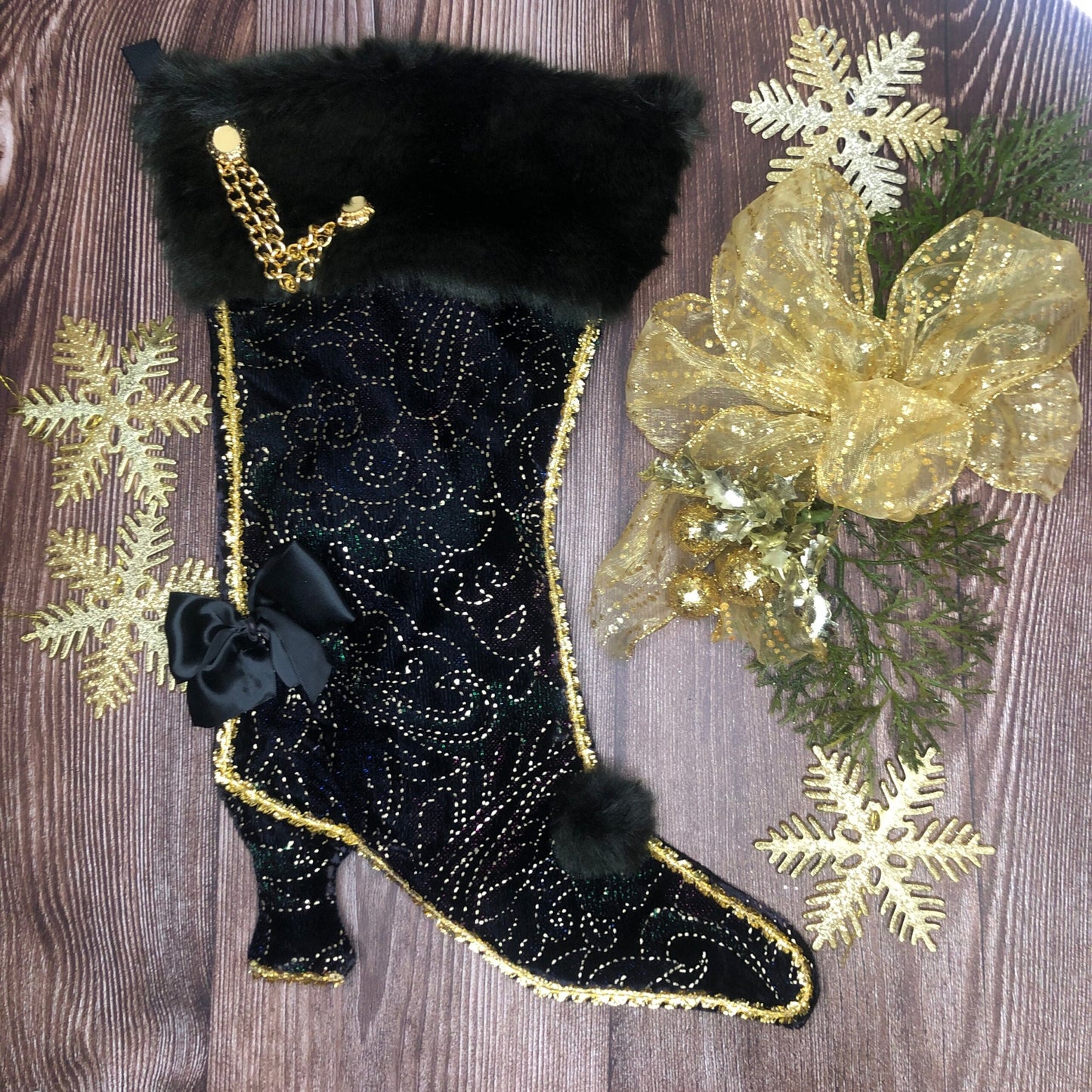 Bas de noël - Style Victorien - Velours vert foncé