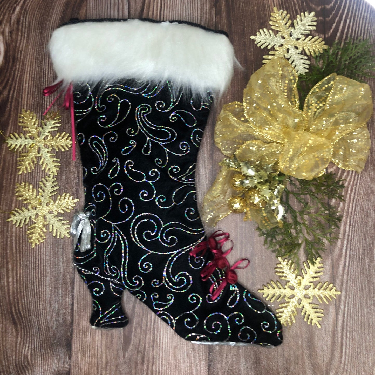 Bas de noël - Style Victorien - Velours noir - Paisley argenté