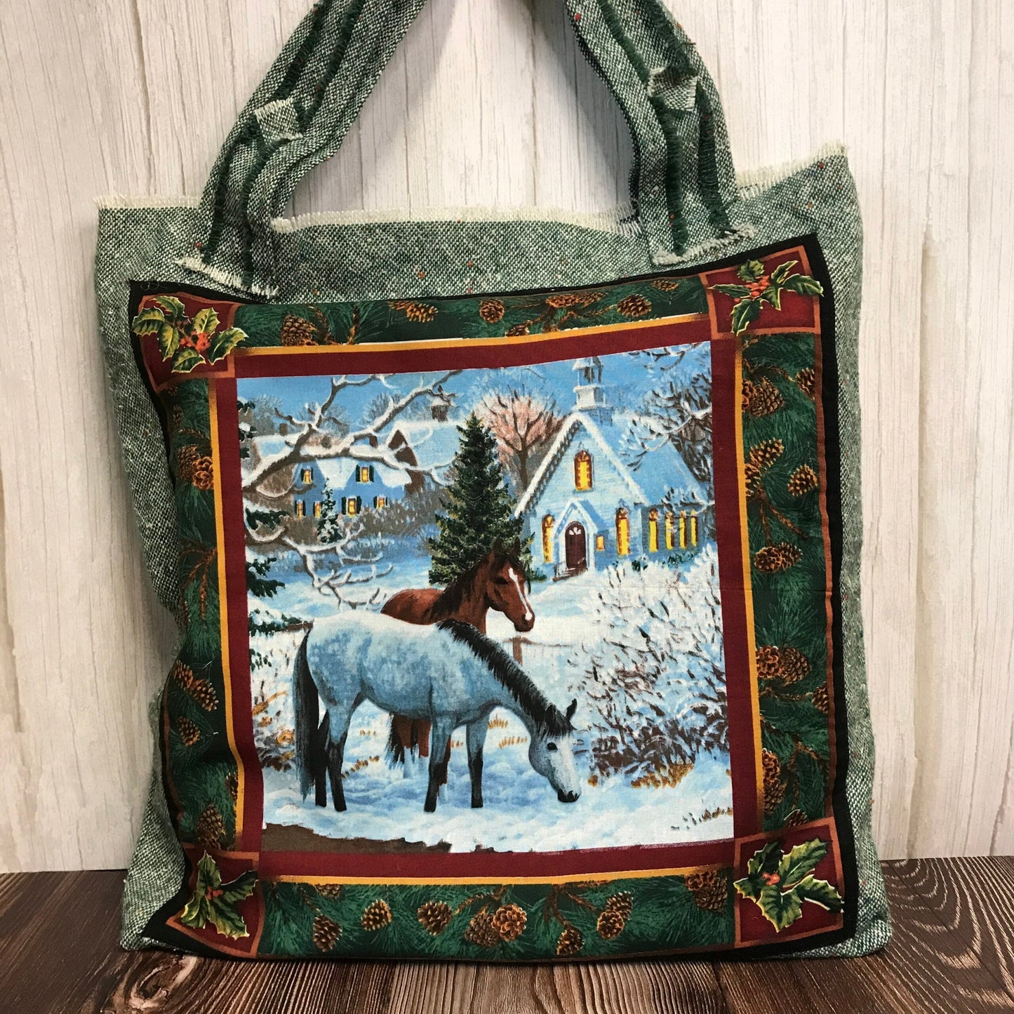 Sac fourre-tout avec motifs équestres sur fond hivernal
