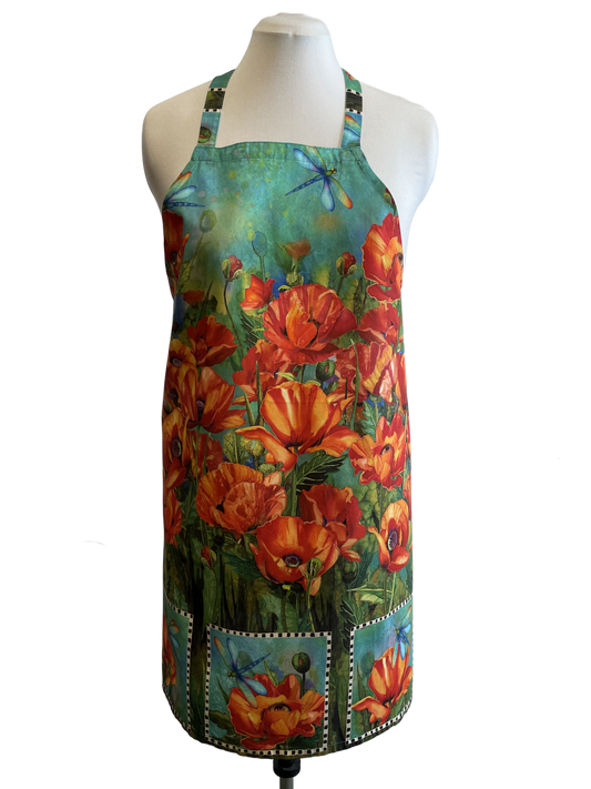 Tablier en coton avec motif de fleurs de pavot.