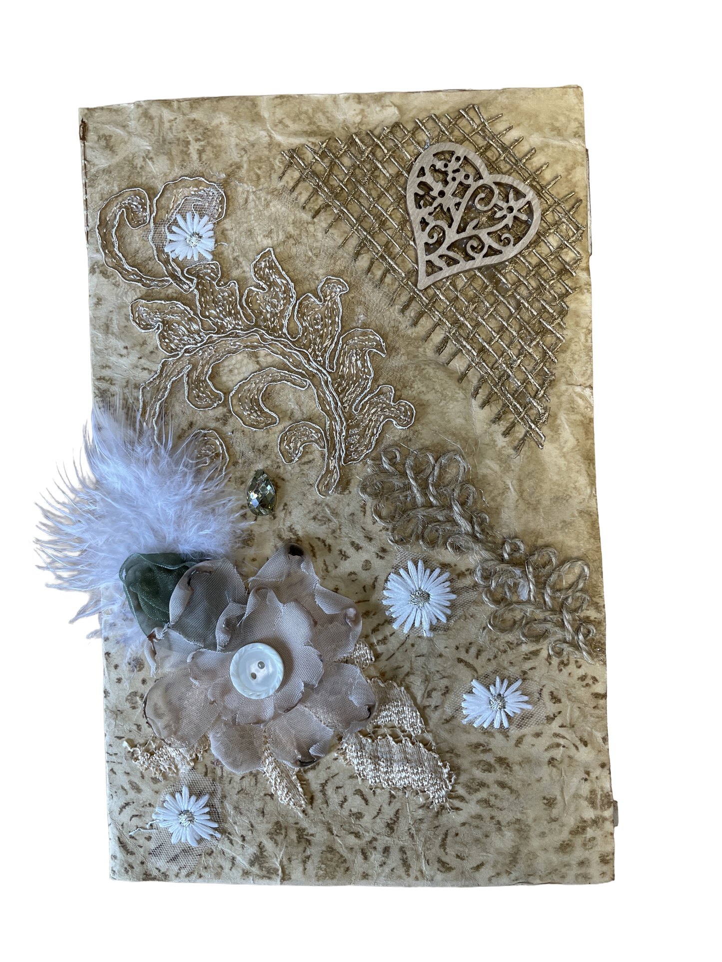 Carnet de pensées - Coeur, dentelle, fleur rose et plume