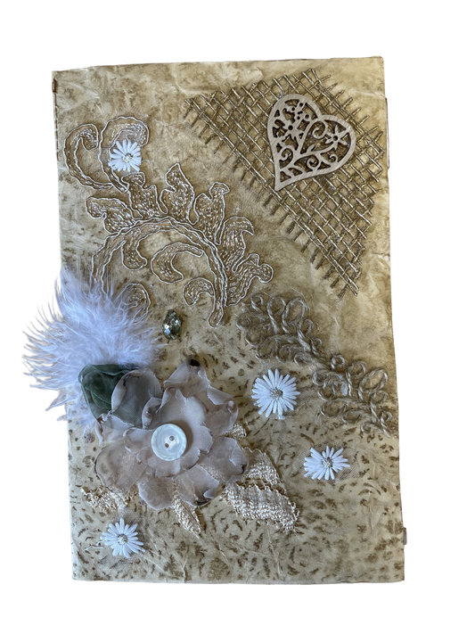 Carnet de pensées - Coeur, dentelle, fleur rose et plume