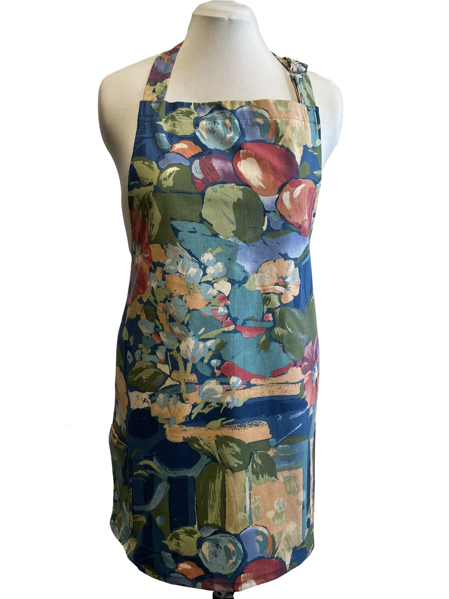 Tablier bleu en coton aux motifs de pommes