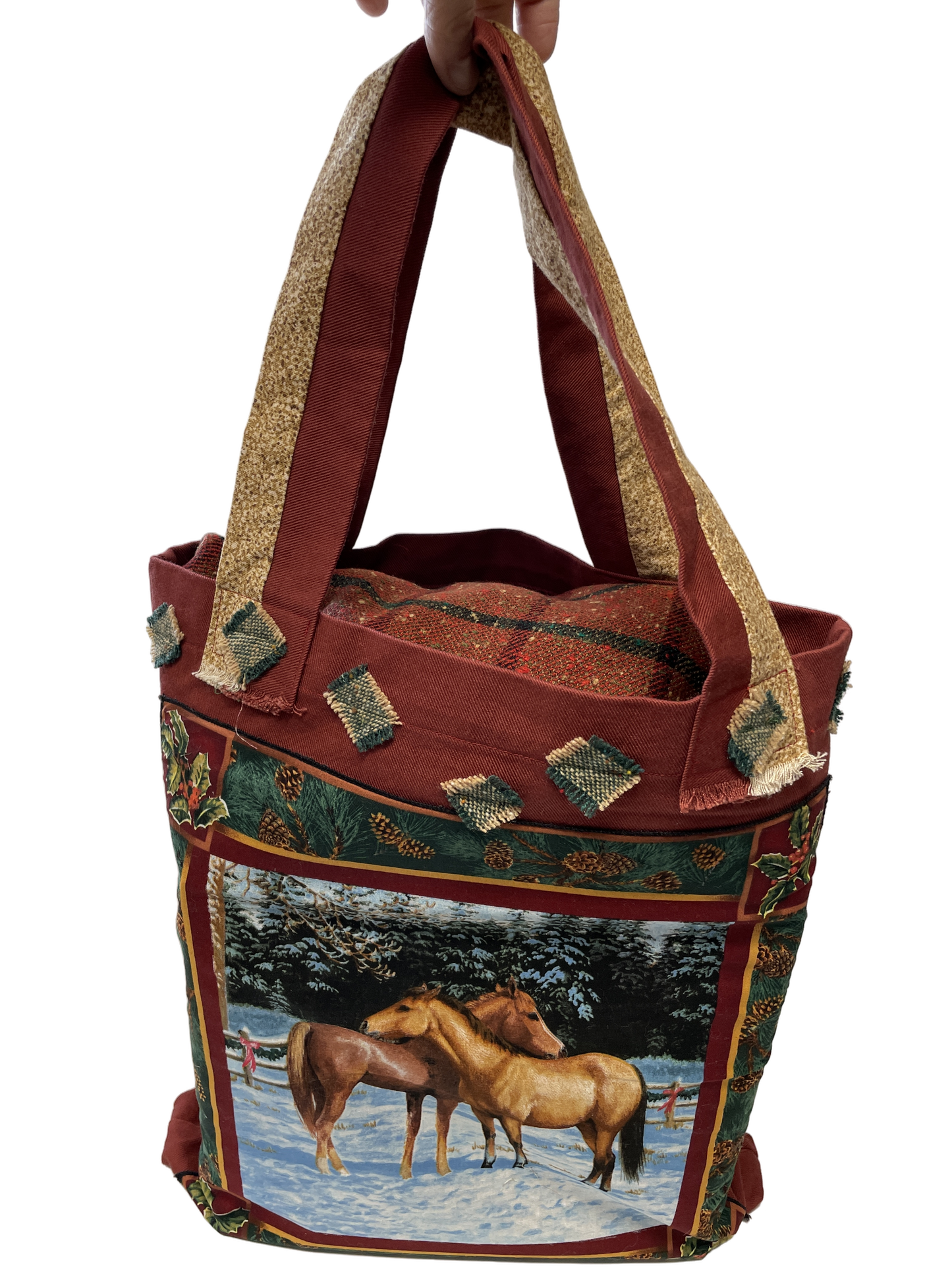 Sac fourre-tout avec motifs équestres sur fond hivernal bourgone
